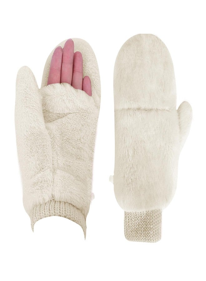 Piewag Winter Faux Fur Convertible Mittens for Women Girls Thermal Warm Half Finger Fingerless Gloves Beige - Image 1